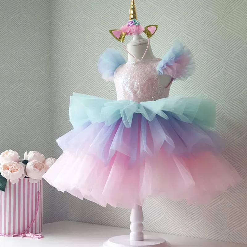 Flickans klänningar Girls Rainbow Unicorn Princess Dress Cake Layers Tutu Prom Gown for Children Children Wedding Evening Formal Party Party Pageant Vestidos 230406
