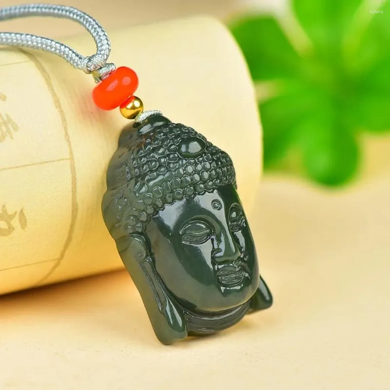 Pingentes enviar certificado natural verde hetian jade buda cabeça pingente com corda corrente encantos colar homens mulheres feng shui sorte amuleto