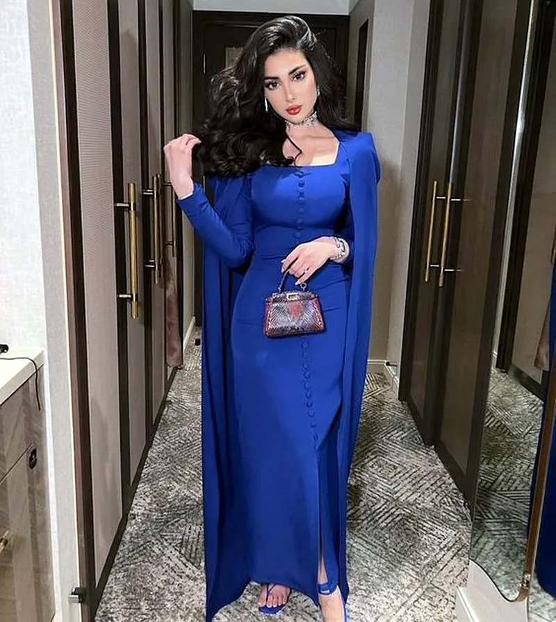 Royal Blue Sheath Evening Dress with Cape, Long Sleeves, Square Neck, Front  Split, Covered Button, Satin Chiffon Fabric, Sweep Train from Dhgate  Evening Dresses - price 149.55