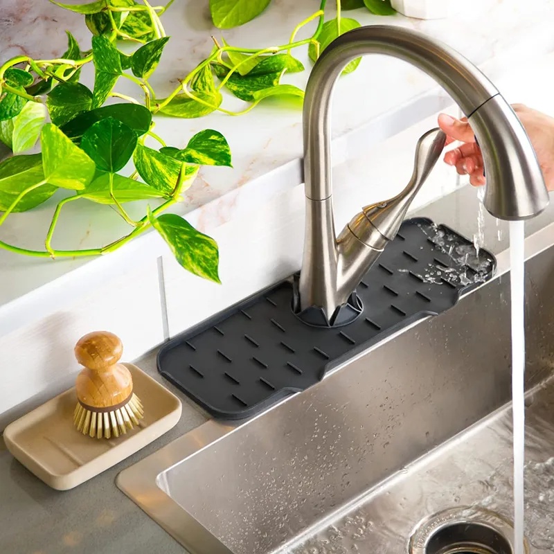 Silicone Sink Splash Guard Behind Faucet - Foldable Faucet Mat With Button Lock, Dark Gray