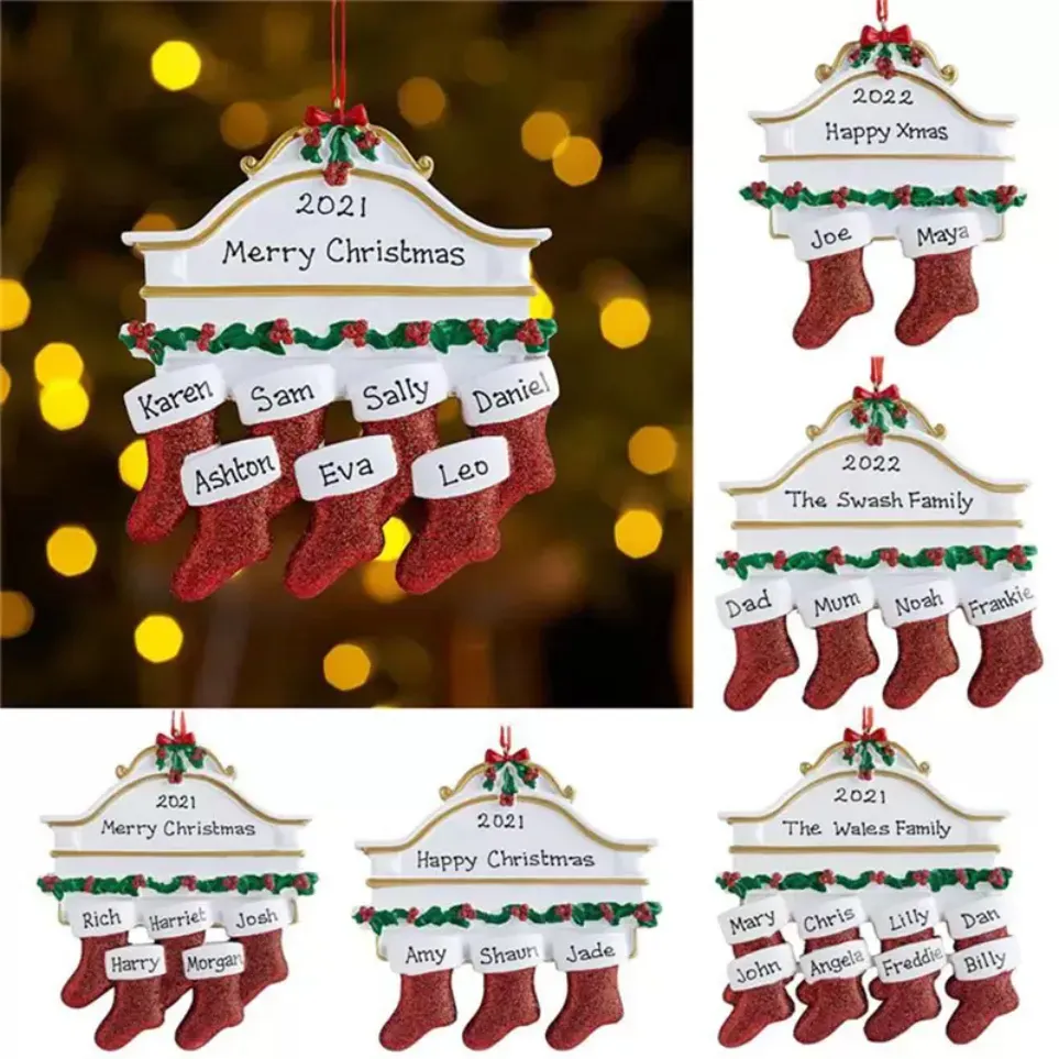 Calcetines de media personalizados de resina Familia de 2 3 4 5 6 7 8 Adorno para árbol de Navidad Decoraciones creativas Colgantes DHL
