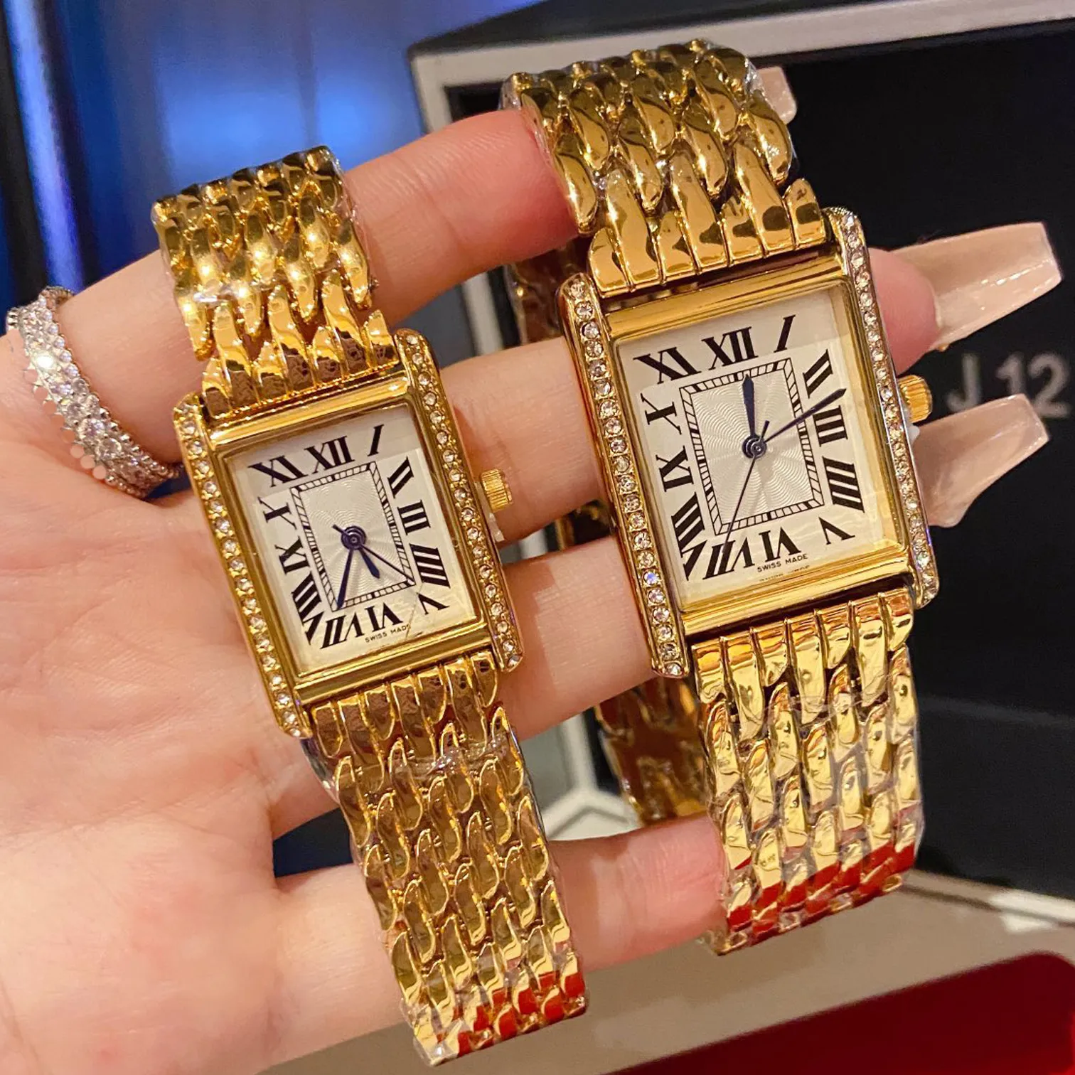 Роскошные модные часы для пар, мужские и женские винтажные часы-цистерны с бриллиантами, золотом, платиной, прямоугольные кварцевые часы, подарки из нержавеющей стали для влюбленных