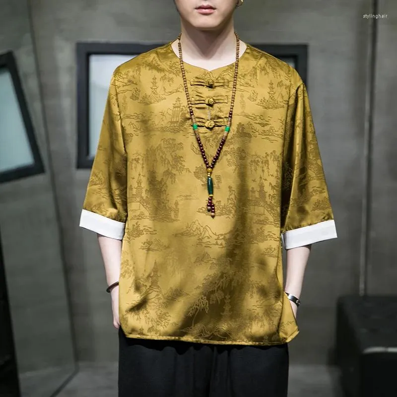 エスニック衣類男子太極拳のコスチュームトップTシャツ夏中華スタイルアイスシルクタングスーツハンフメンズプラスサイズのカジュアルプリント