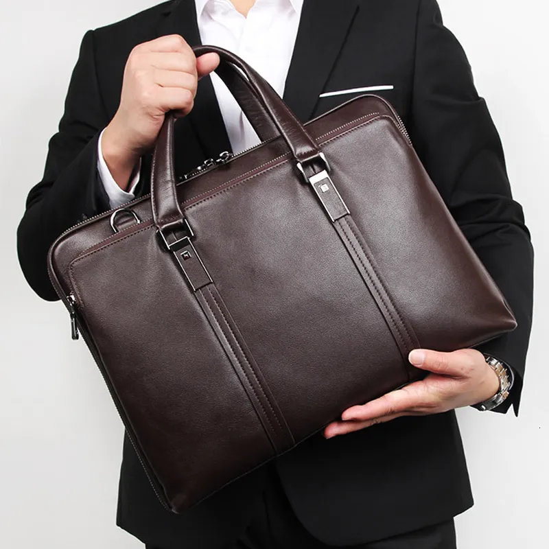 Bortkörningar Luxury äkta läderportfölj Men Business Bag 15 6 "Laptop 14 Manlig Office Document File Case Shoulder 230407