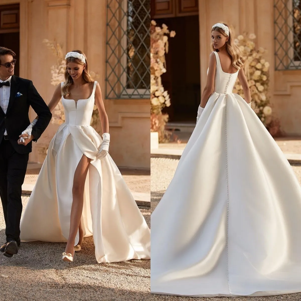 Vestido de novia Milla Nova A Line vestidos de novia con abertura en el muslo y cuello cuadrado vestidos de novia con botones en la espalda