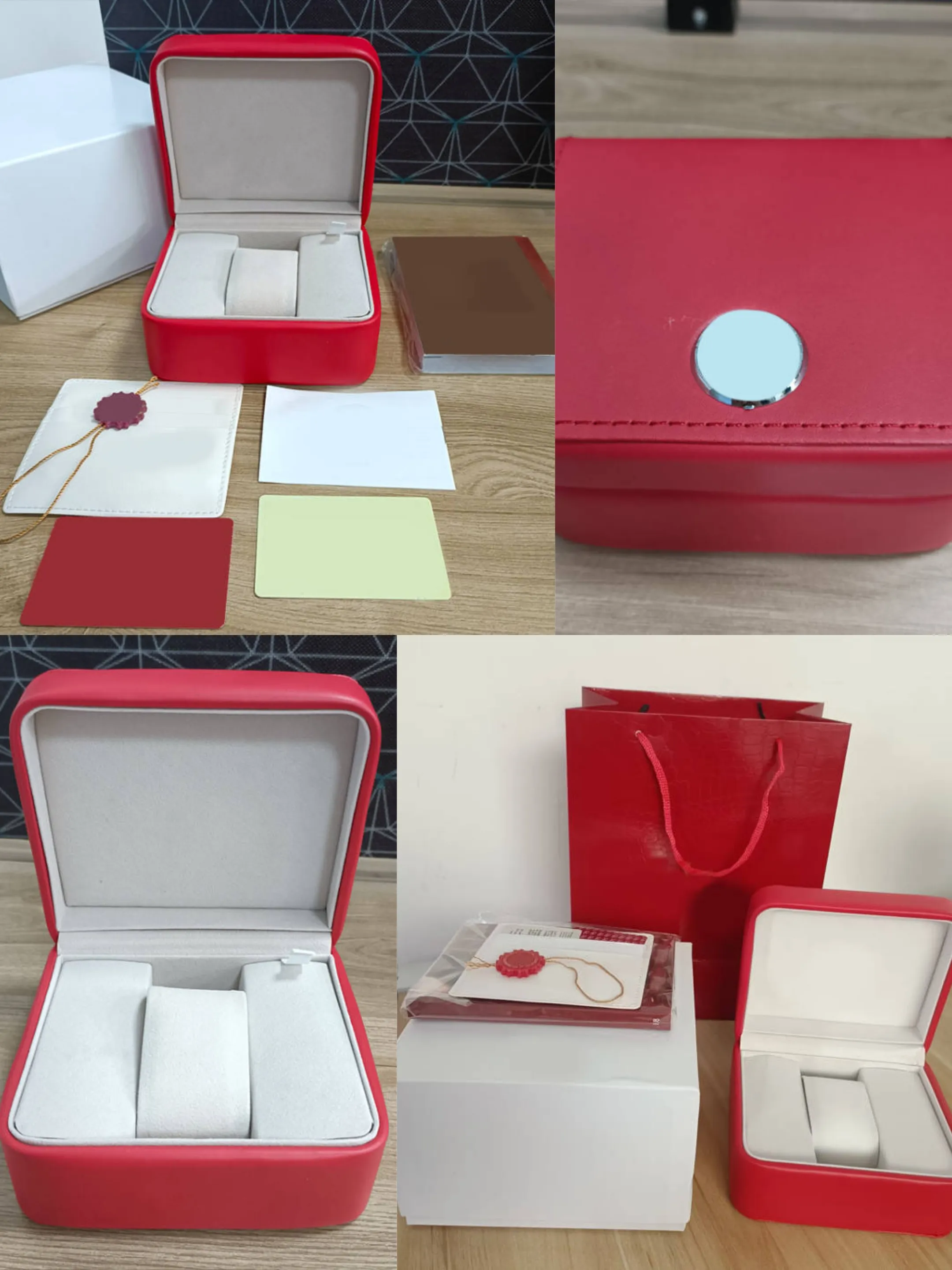 Caja de reloj roja para hombre Caja cuadrada Material de cuero Tarjeta de certificado manual Caja de regalo para reloj Omega Cajas de reloj SEAMA Accesorios originales para reloj Caja de reloj de alta calidad