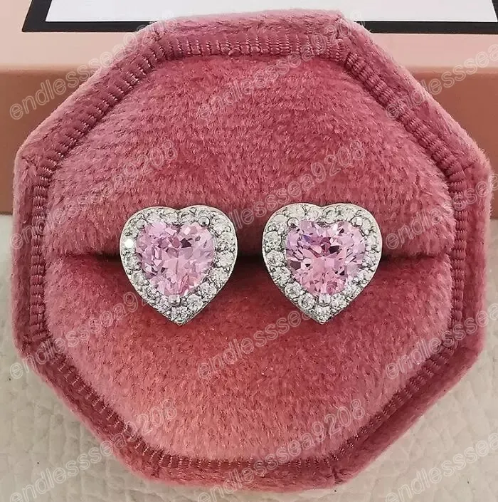 Semplice moda orecchino a bottone gioielli di lusso argento sterling 925 bianco rosa 5A zircone cubico a forma di cuore diamante promessa pietre preziose regalo orecchini cavi