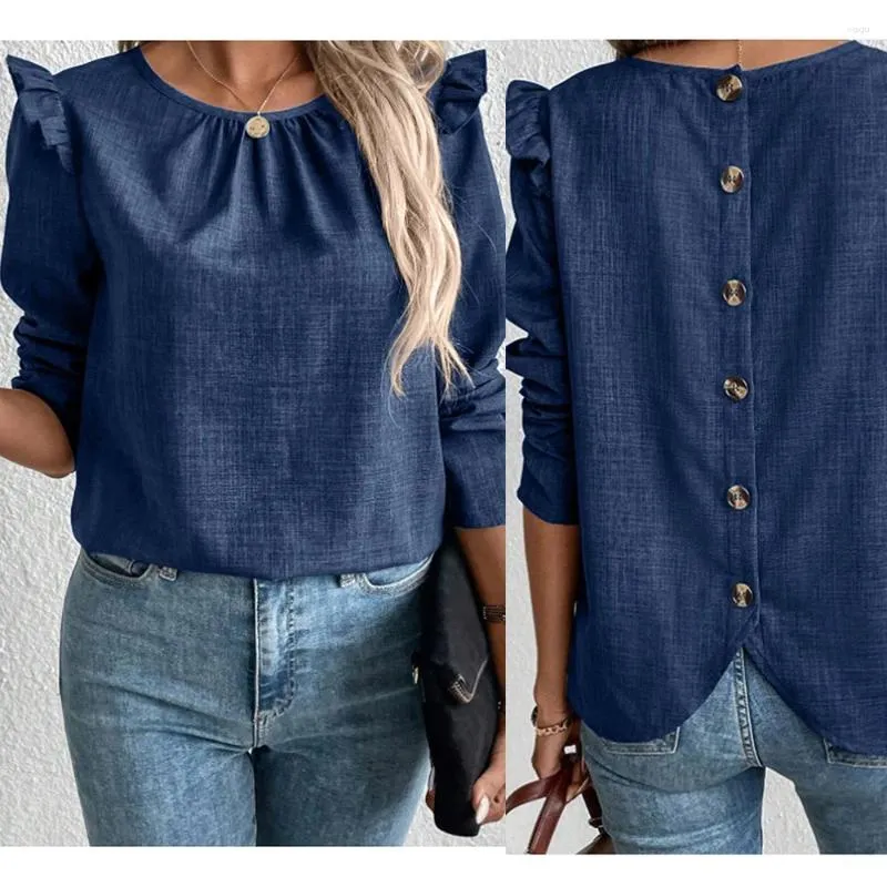 Kvinnors blusar Fashion Flying Sleeve Women Shirt Blue 2023 Autumn Casual O-Neck Ruched Back Backs Long Simple Ladies Elegant