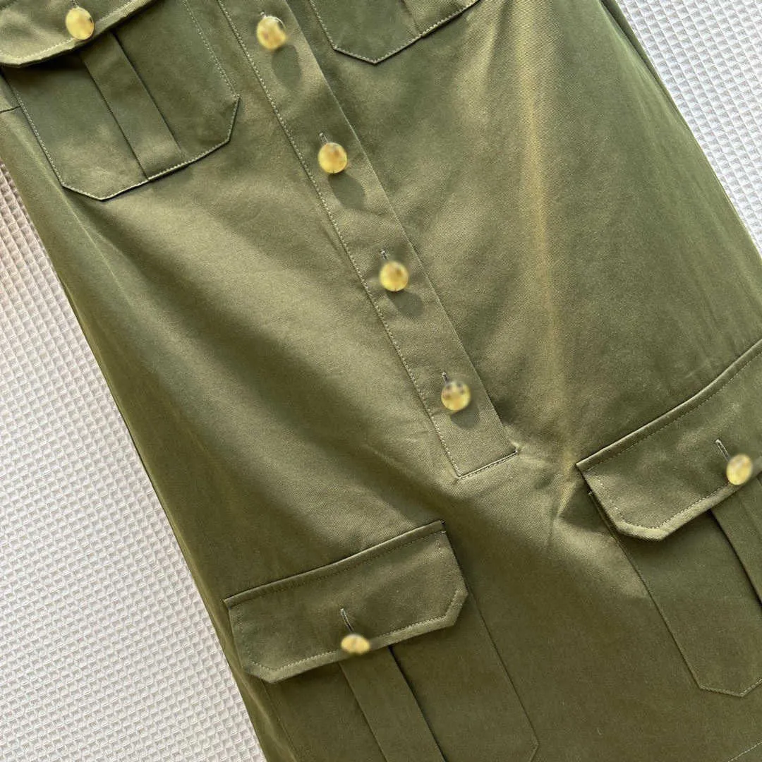 green military style dress Midi Pleated Green Military Swing Shirt Dress 3703