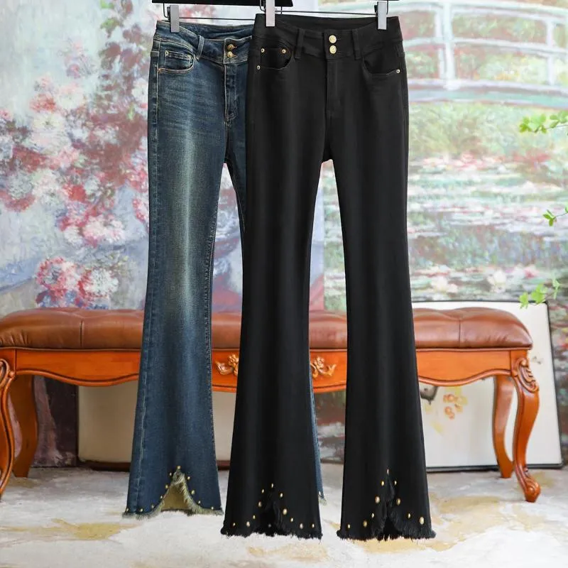 Pantalon Femme Vintage Fringe Slim Noir Flare Jeans Femmes 2023 Quatre Saisons Mode Drapé Casual Streetwear Style Coréen Simple Denim
