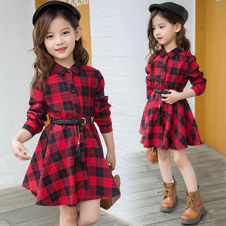 Plaid Shirt Girl Dress With Belt Single Breasted Autumn Girls Party Dresses For Children British Fashion Clothing From Kong06 11.77 DHgate.Com