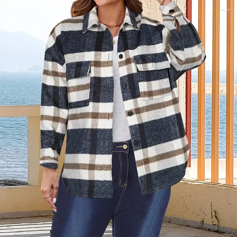 Camicette da donna Camicie da donna Cappotto in misto lana scozzese di grandi dimensioni Manica lunga Colletto rovesciato Bottone Elegante camicetta autunnale Top casual