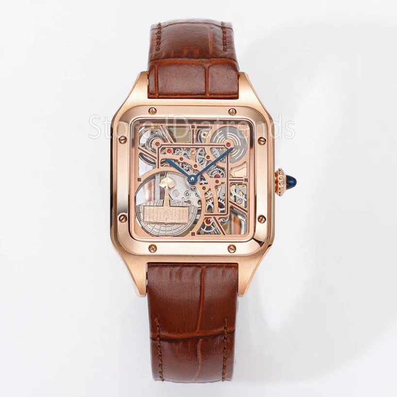 Top Stylish Quartz Watch Men Gold Srebrny Transparent Pusty Dioll Sapphire Glass Skórzany pasek na rękę Klasyczne kwadratowy projekt Gentlemen Casual Clock 170D