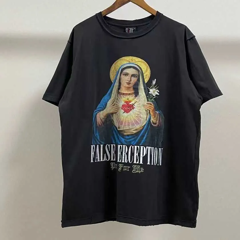 Diseñador de moda Camiseta High Street Vintage Camiseta desgastada Virgen Estampado Casual Camiseta suelta de manga corta