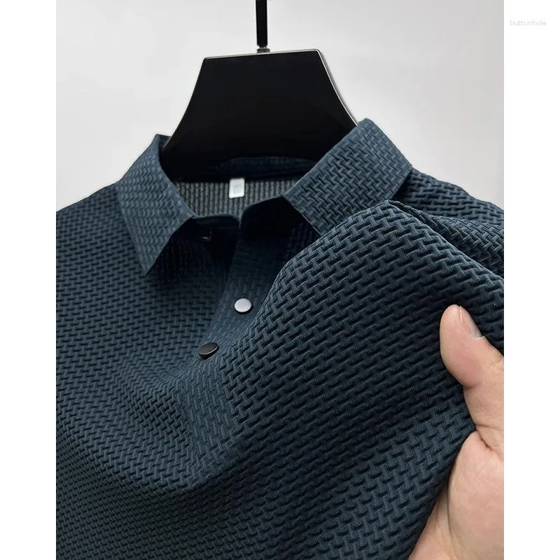 Polos masculinos verão high end respirável camisa polo masculino oco de manga curta gelo seda negócios camiseta masculina roupas de marca casual