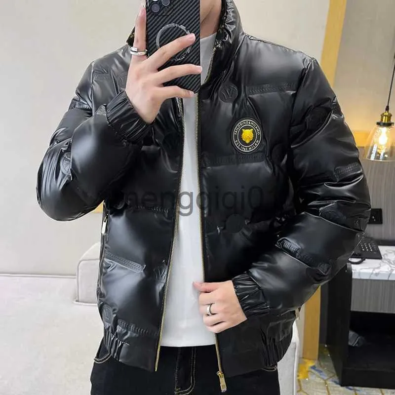 Parkas pour hommes 2023 col montant brillant couleur unie manteau hiver manches longues lettre imprimer hommes brillant doudoune noir J231107