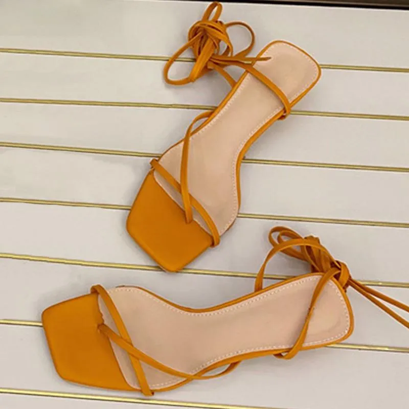 Kadın Moda Sondr Sandalet Stiletto Ayakkabı Topuklu Kare Toe Gladyatör Yukarı Ayak Bileği Kayışı Dar Bant Partisi Turuncu 769