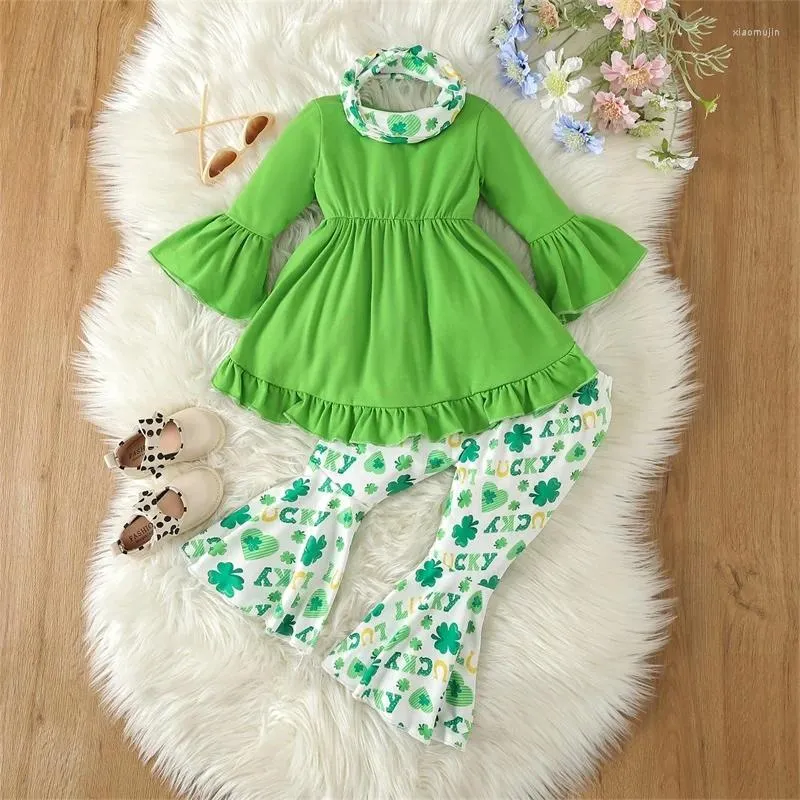 Conjuntos de roupas Kid Girls St Patrick Day Outfits Verde Trevo de Quatro Folhas Imprimir Manga Longa Tops Flare Calças Headband 3 Pcs Conjunto de Roupas