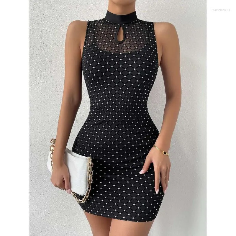 Casual jurken dames sexy prom jurk 2023 zomerontwerpen mouwloze mini voor dames zwart mesh dot print vrouwelijk nieuwste feestkleding