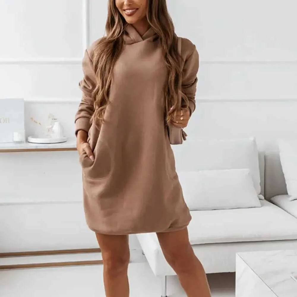 Urban Sexy Dresses Women Vintage Solid Hoodies Dress Autumn Winter Pockets Loose Hooded Sweatshirt Långärmning Vintage Harajuku Long Tops Tunic