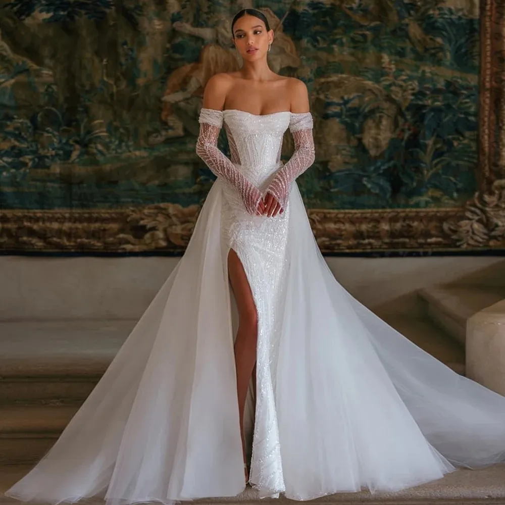 Robe De mariée sirène Sexy, épaules dénudées, en dentelle pailletée, avec traîne détachable, 2024