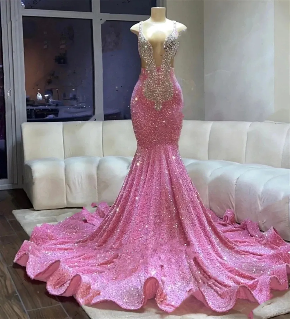 Spaghetti Pink Mermiada cekin bal dla czarnych dziewcząt błyszczące sukienki wieczorne sukienki długie 2024 suknia imprezowa staje się es