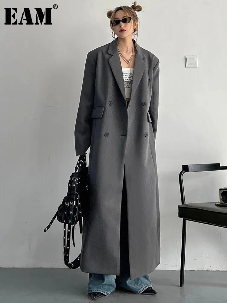 Womens Gray Longline Trench Coat with Lapel Sleeves - Elegant