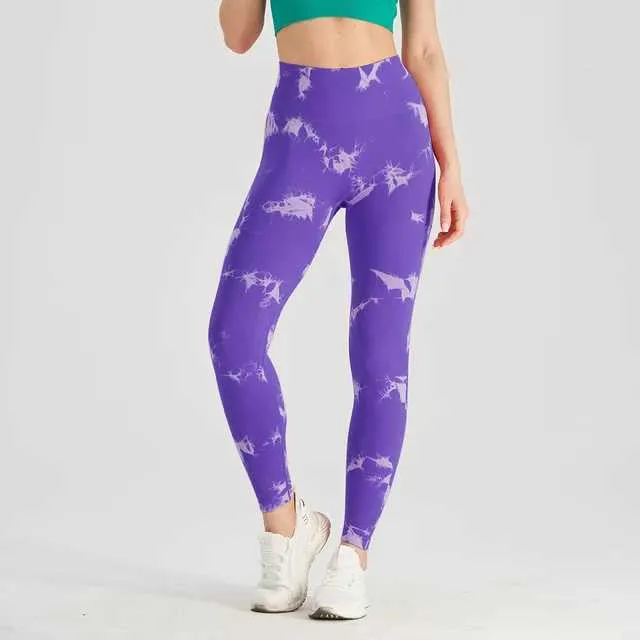 Purple, M) Tie Dye Yoga Pants - Push Up Gym Leggings - Seamless