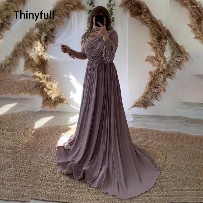 Vestidos de festa thinyfull arábia saudita uma linha vestido formal de noite manga longa miçangas chiffon vestidos de baile dubai plissado vestido de ocasião