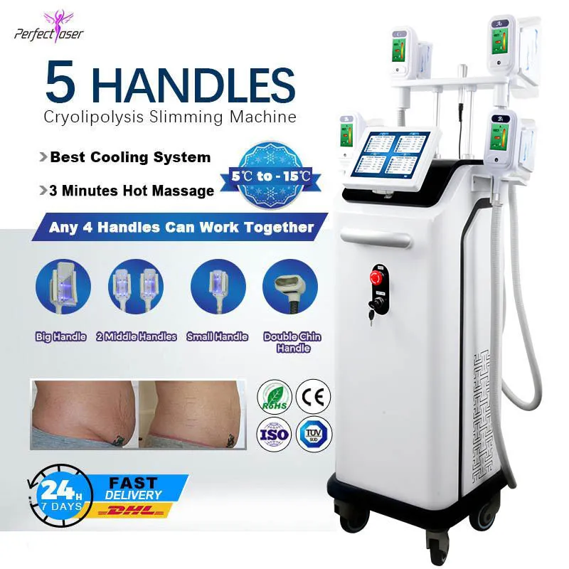 Avancerad kryolipolysmaskin 5 hanterar Cryo Lipo Machine Icke-invasivt lägsta temperatur Fettfrysning Anti Celluliter Cool Slant System Spa Use