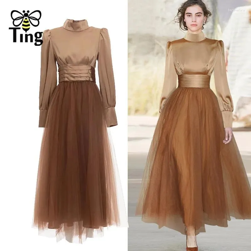 Casual Dresses Tingfly Runway Designer High midja Lantern Sleeve Vintage Elegant Party Dinner Lady Hit Color Princess A Line Long Elbis