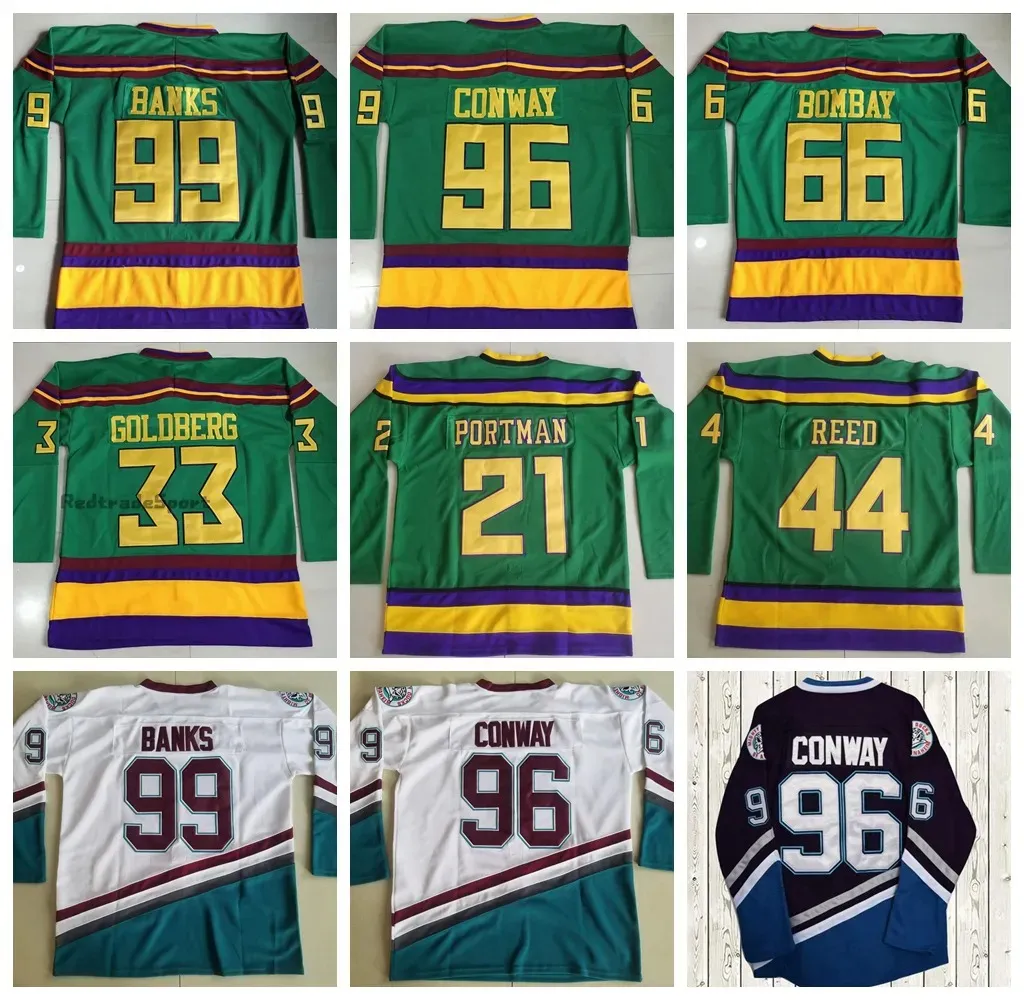 Topfilm Mighty Green Ducks Hockeytruien 96 Charlie Conway 99 Adam Banks 66 Gordon Bombay 44 Fulton Reed 33 Greg Goldberg 21 Dean Portman ed Jersey Stitched Vintage