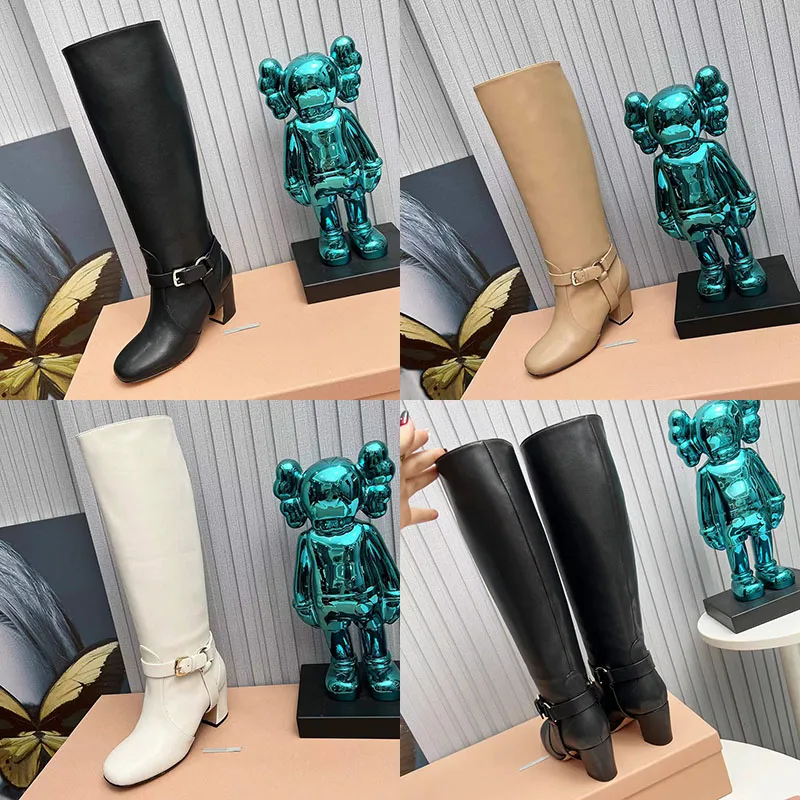 2023 Designer Luxe Pure Kleur Dij Hoge Laarzen Sexy Dames Echt Leer Outdoor Party Ronde Tenen Ridderlaars Damesmode Dikke Hakken Schoenen Met Hoge Hakken Maten 40