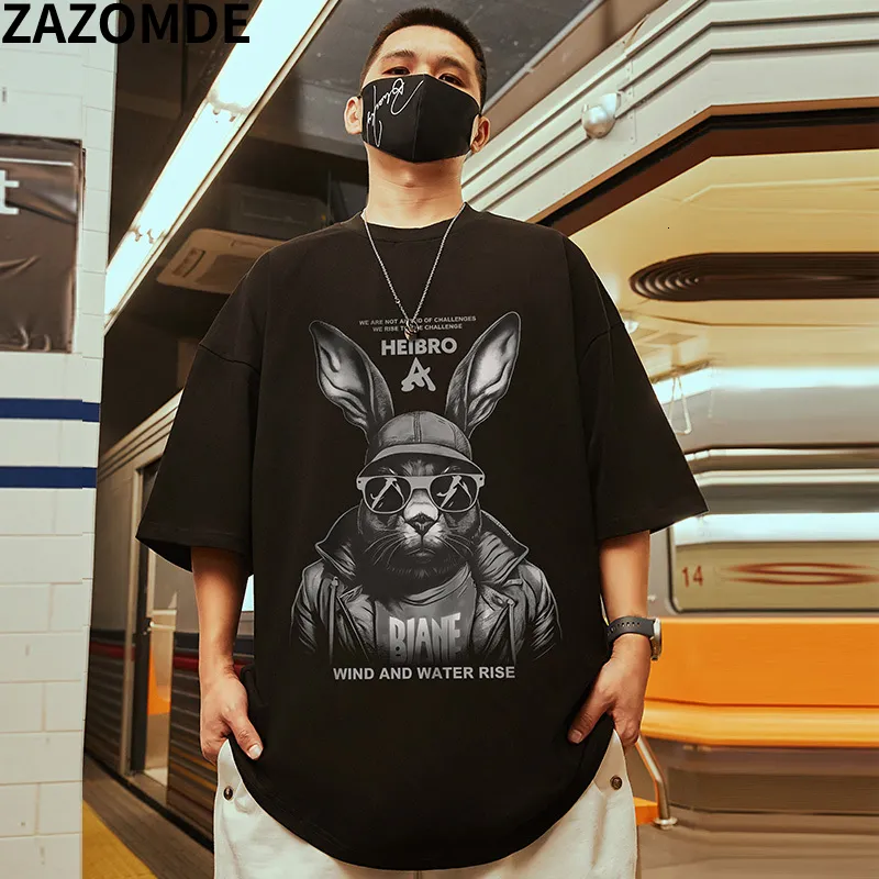 男性S TシャツザゾムデヒップホップビンテージTシャツクールラビットプリントTシャツ特大のストリートウェアレトロショートスリーブサマーカジュアルコットントップスティー230407