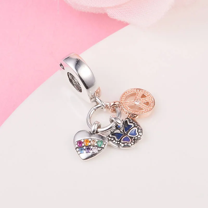 925 Sterling Silver Two-Tone Rainbow Heart, Butterfly & Peace Dangle Bead Fits European Jewelry Pandora Style Charm Bracelets