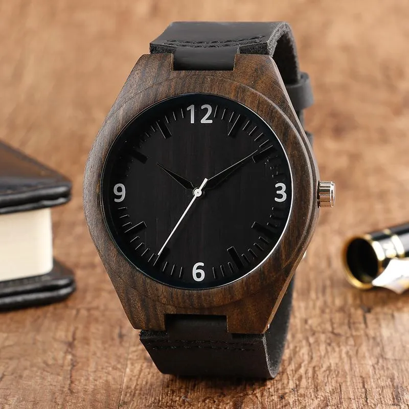 Polshorloges mannen kijken natuurlijk hout met doos eenvoudige klok bamboe pols horloge echte lederen armband voor cadeau -item