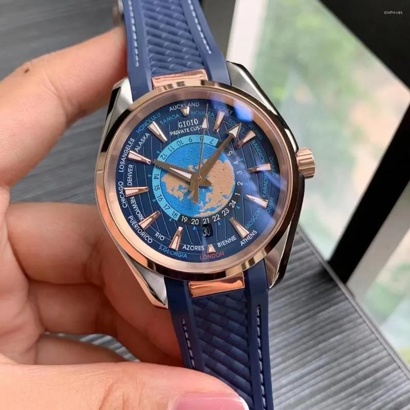 Zegarek 41 mm Wysokiej jakości Męskie automatyczne zegarek mechaniczny szafir czarny niebieski gumowy świecy stal nierdzewna różowe złoto