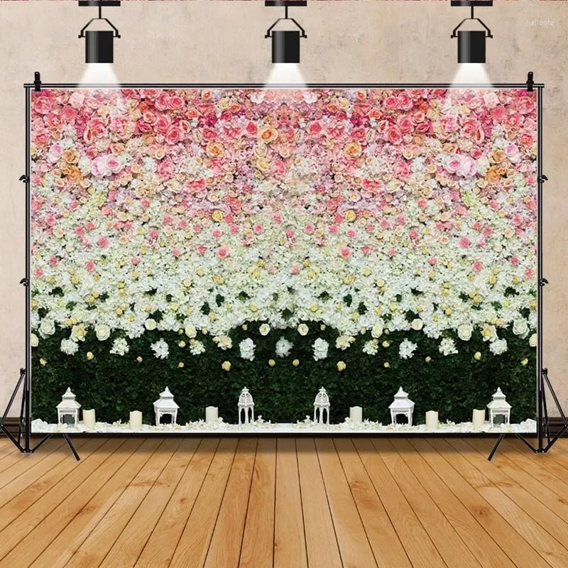 Festdekoration bröllop scen pocall bruddusch bakgrund blommor vägg blommig baby födelsedagspografi bakgrund