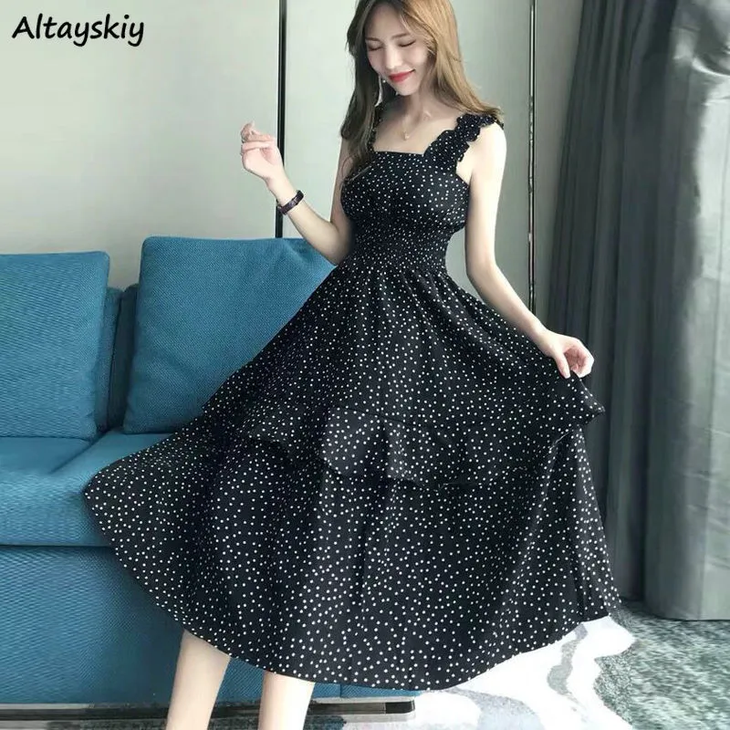 Casual Dresses Women's Elegant Dots Fashion Chiffon Casual Korean Sleeveless Italian Noodle Shoulder Strap Summer Women's Soft Fashion Basic Ins 230407