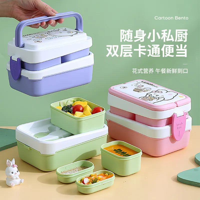 Bento Boxes 1350ML Kawaii Lunch Box School Girls Portable Microwave Food Storage Container Leak proof 2-layer Split Bento Box Spoon Fork 230407