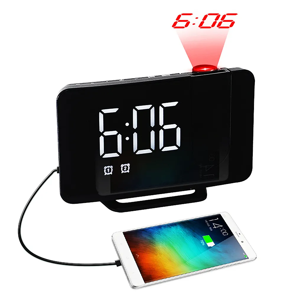 Despertador de projeção Timers Relógio grande LED digital Relógio Snooze Radio FM Relógio USB com projetor rotativo de 180 °, dimmer de brilho de 3 níveis, quarto