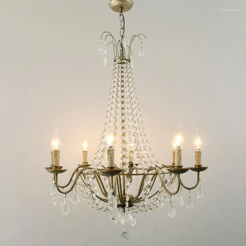 Hängslampor American Country Chandelier Crystal Lamp smidesjärn vardagsrum mattor enkel trappa lång