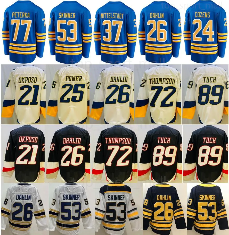 아이스 하키 53 Jeff Skinner Jerseys 26 Rasmus Dahlin Casey Mittelstadt Tage Thompson Alex Tuch JJ Peterka Dylan Cozens Kyle Okposo Luukkonen Royal Black Alternate Men