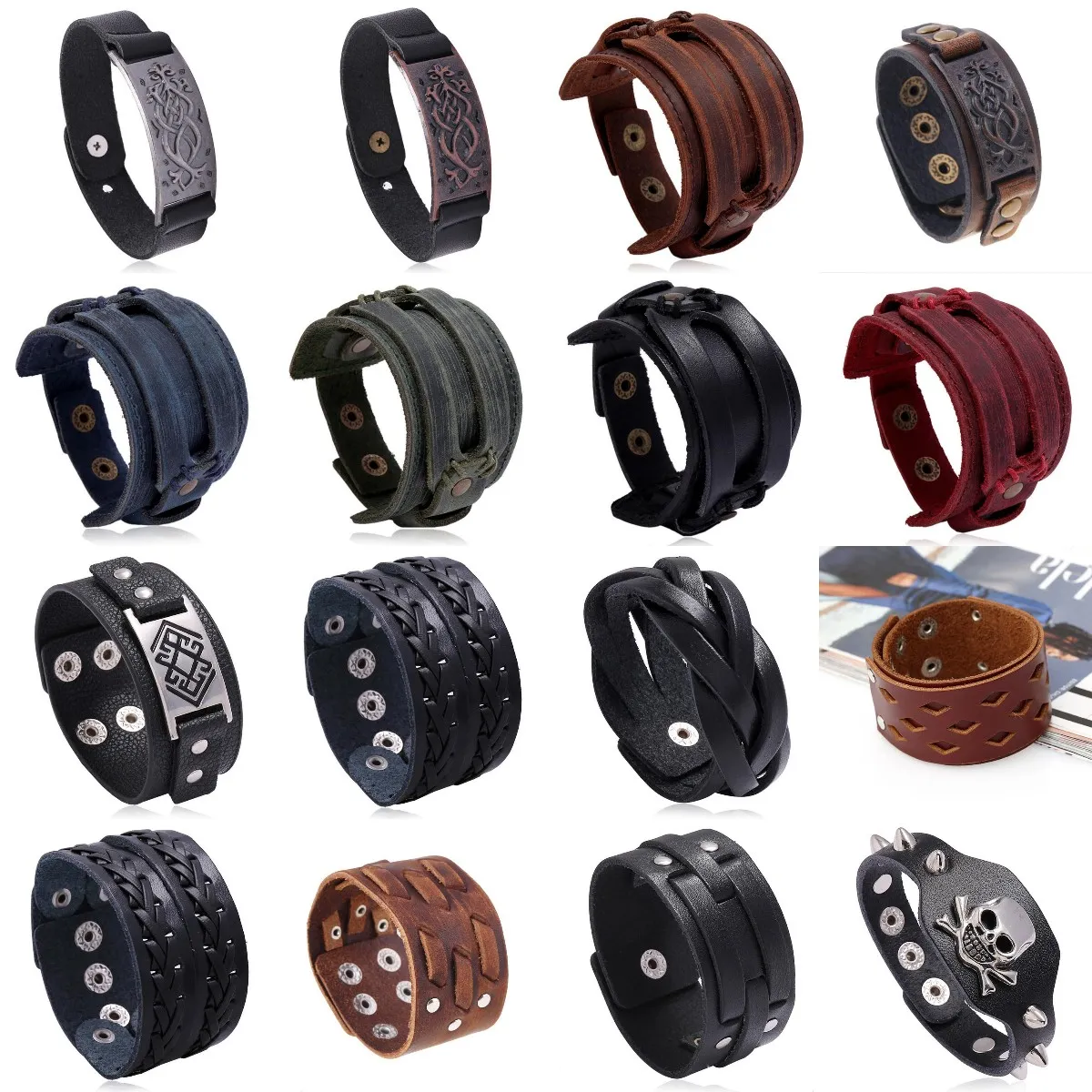 Punk Mens Wide Leather Bracelet Cuff Bangle Braided Rivet Wristband Adjustable
