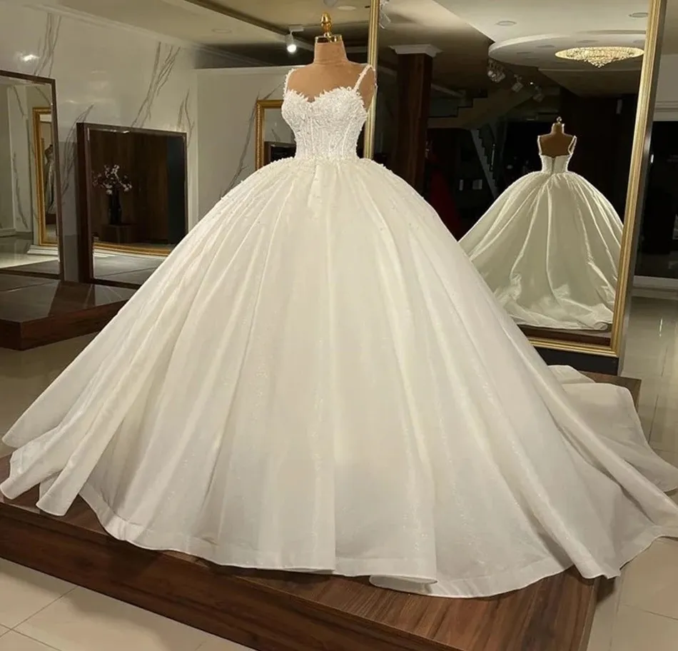 Robe De mariée De luxe, bretelles en cœur, perles, en Satin, à lacets, sur mesure, 2024