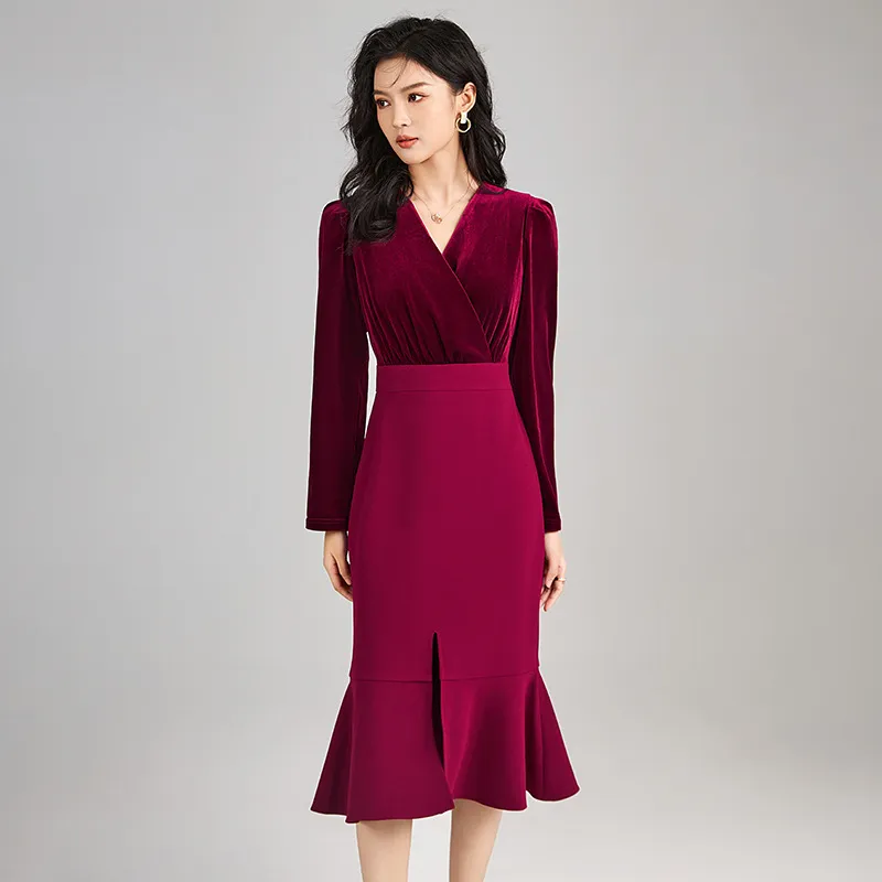 Robe en velours français de haute qualité, col en v, taille amincissante, robe formelle gracieuse pour femmes, rouge, nouveau, 2325112