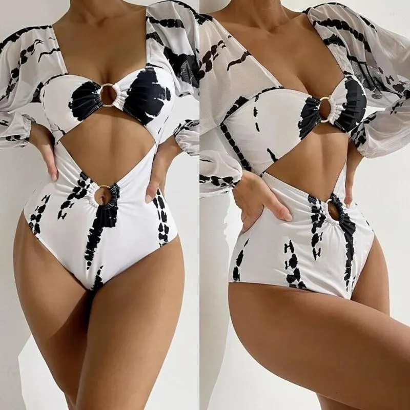 Women's Swimwear Square Collar Long Sleeve Women Monokini Fashion Print Female Waist Hollow Out Bathing Suit For Water Activity