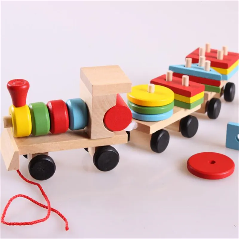 Diecast model babyspeelgoed houten trein truck set geometrische blokken sorteerbord sorteerbord montessori kinderen educatieve speelgoed kleurvorm matched puzzel 230407