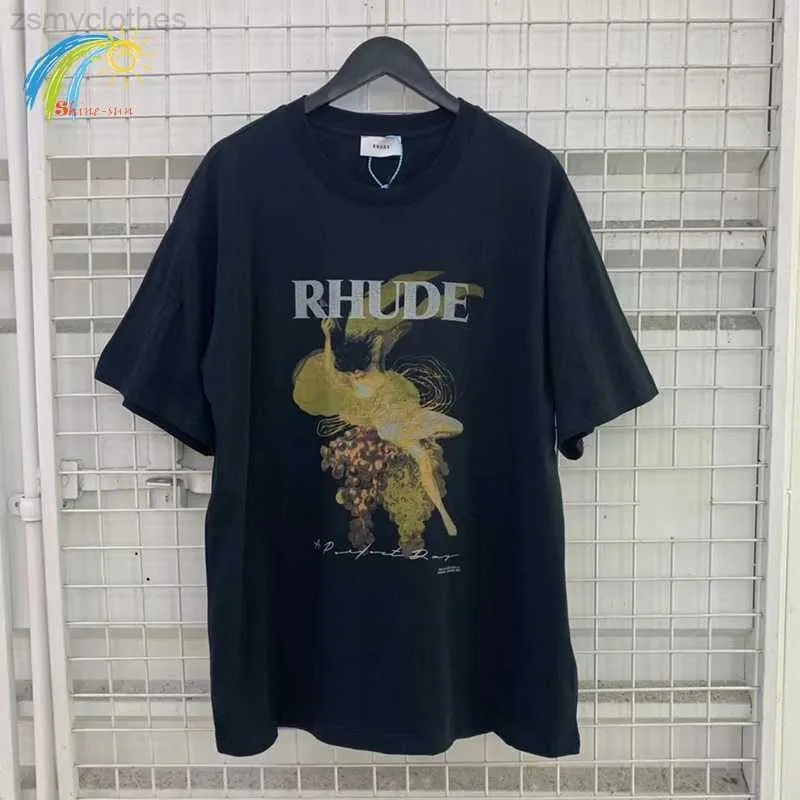 남자 티셔츠 포도 포도 그림 초록 인쇄 인쇄 Rhude T 셔츠 남자 여자 1 1 무거운 직물 Rhude Tee 최고 대형 검은 색 짧은 슬리브