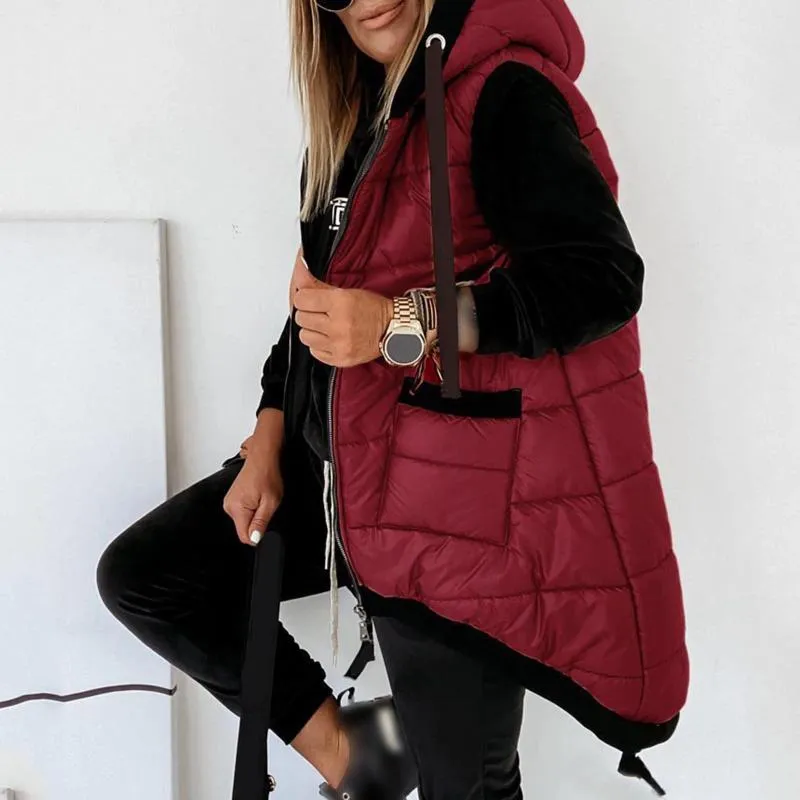 Kadın Yelekler Kolsuz Kapşonlu Yelek Kadınlar Sonbahar Moda Uzun Pamuklu Yastıklı Ceket Kadın Kış Sıcak Su geçirmez Yelek Sokak Giyim